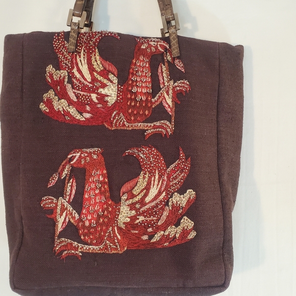 Rare Vintage Fendi One of a Kind Brown Beaded Embroidered Bird Canvas Bag Tote. - Picture 2 of 16